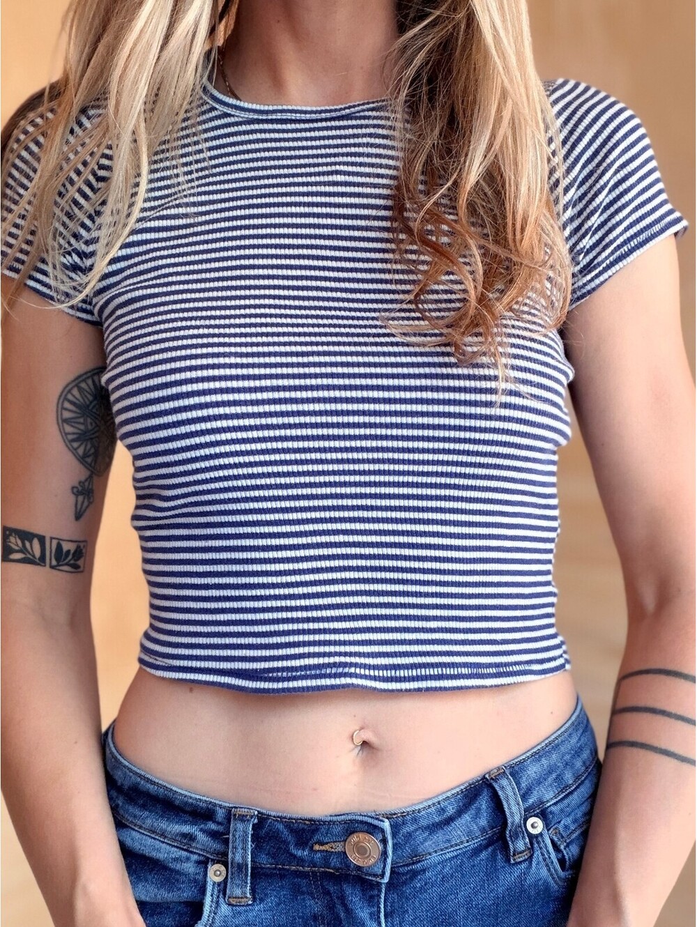 BDG Medium Navy White Striped Ribbed Fitted Baby Tee Urban Outfitters